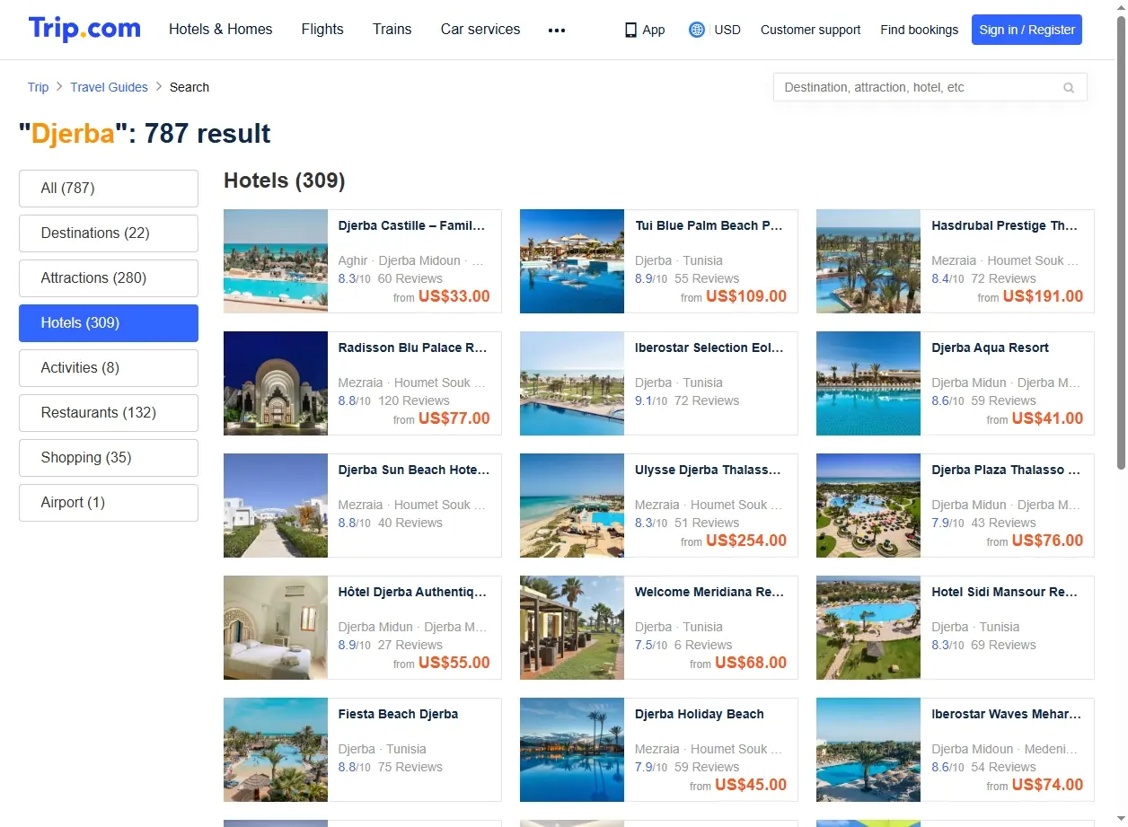 Capture d'écran de Trip.com montrant des offres d'hôtels à Djerba