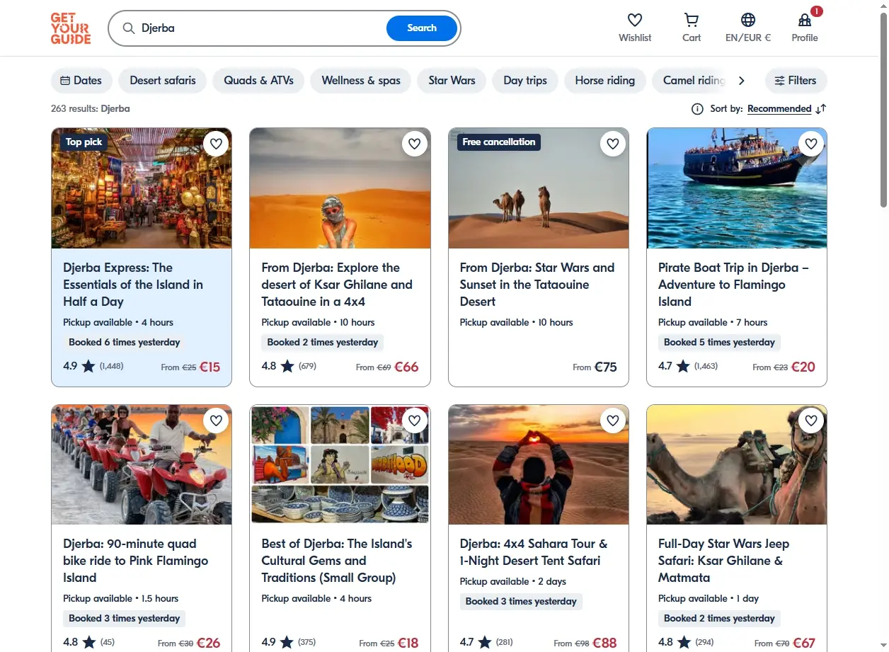 Capture d'écran de GetYourGuide montrant des activités et excursions à Djerba