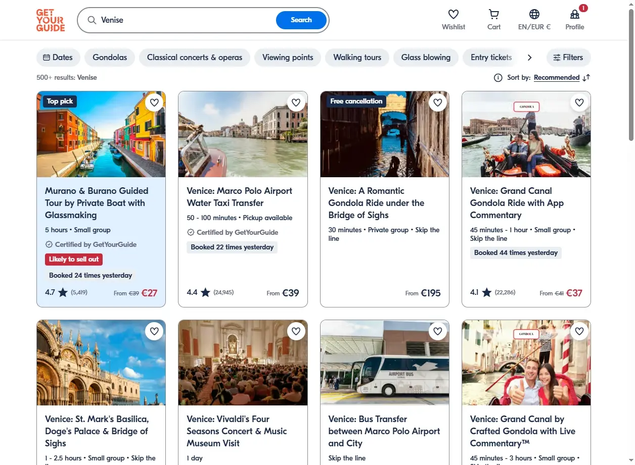 Capture d'écran des activités touristiques disponibles à Venise