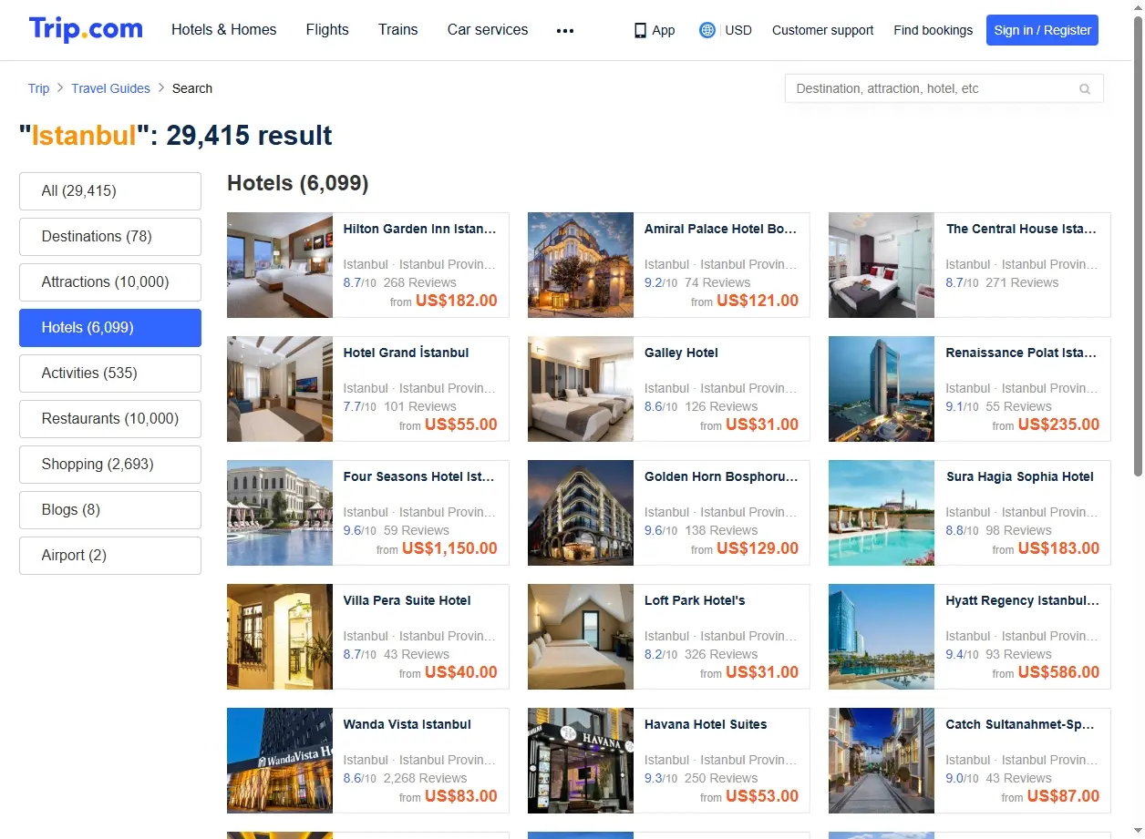 Capture d'écran de page d'offres d'hôtels à Istanbul