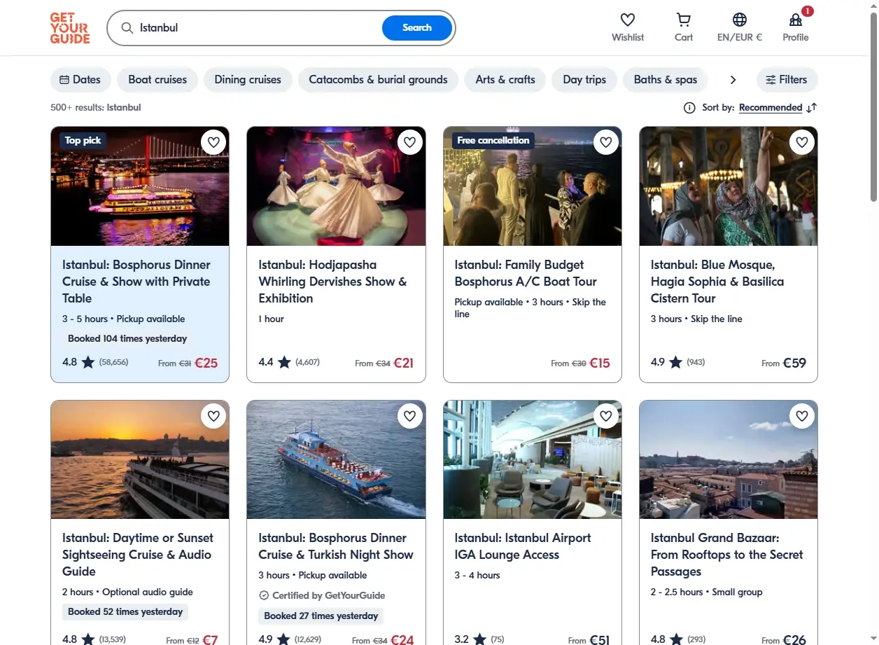 Capture d'écran de page d'offres d'activités touristiques à Istanbul