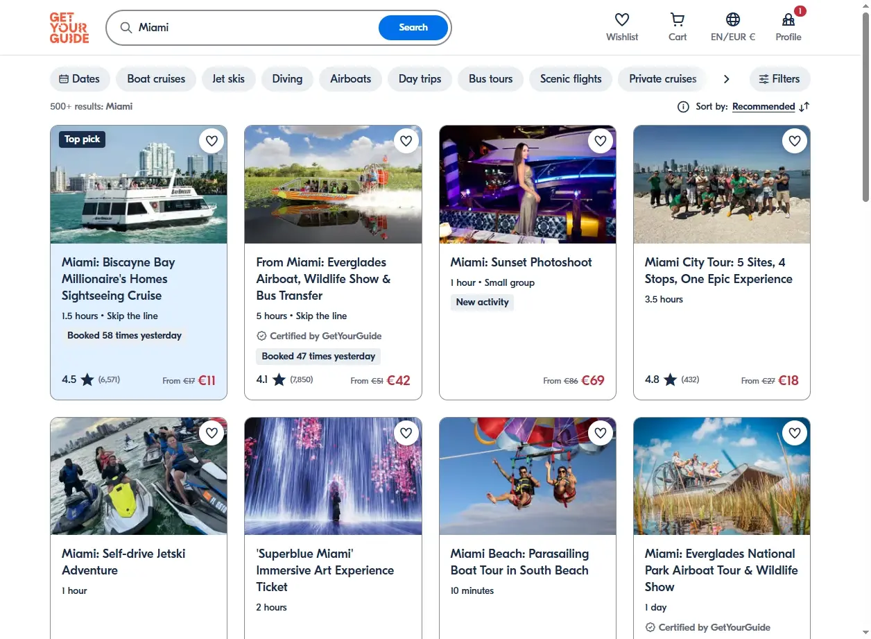 Capture d'écran de page d'offres d'activités et excursions à Miami