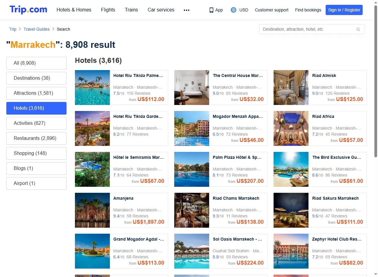 Sélection d'hôtels et de Riads disponibles à Marrakech