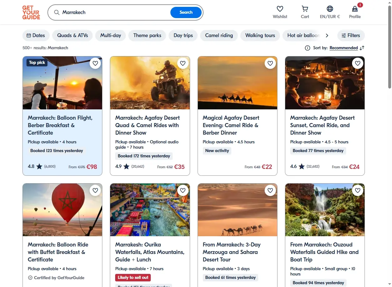 Capture d'écran de GetYourGuide montrant des activités et excursions à Marrakech.