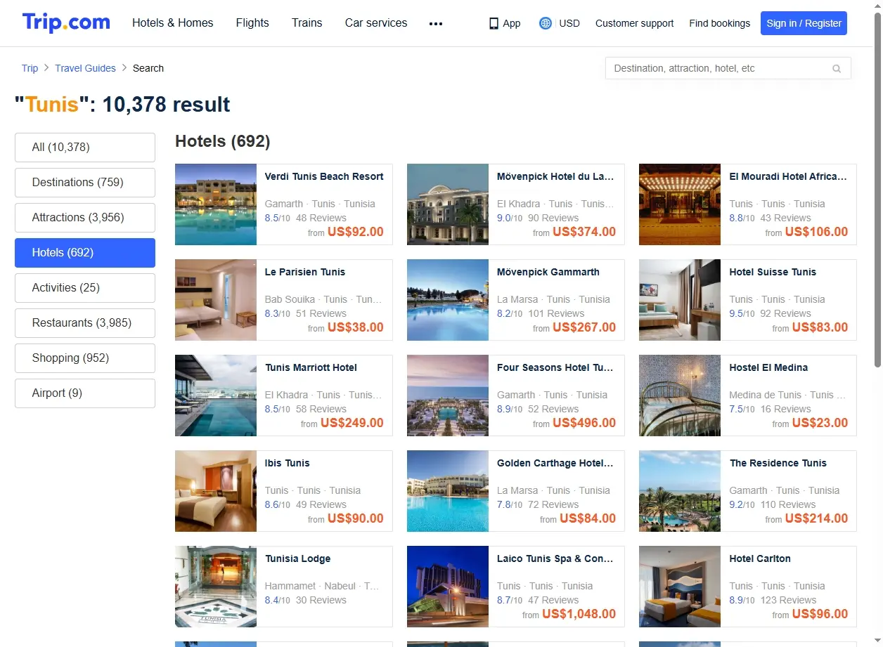 Sélection d'hôtels et hébergements disponibles à Tunis.