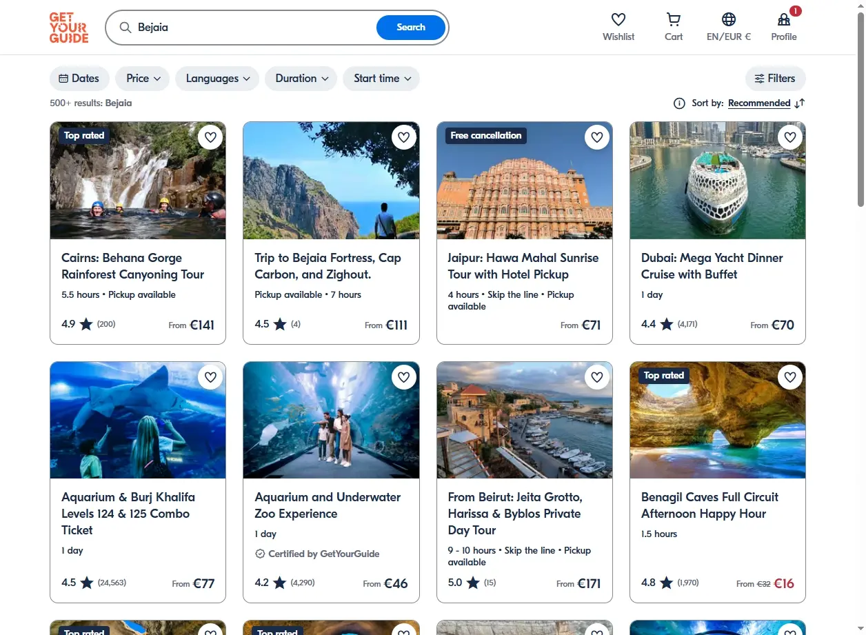 Capture d'écran de GetYourGuide montrant des activités et excursions à Bejaia.