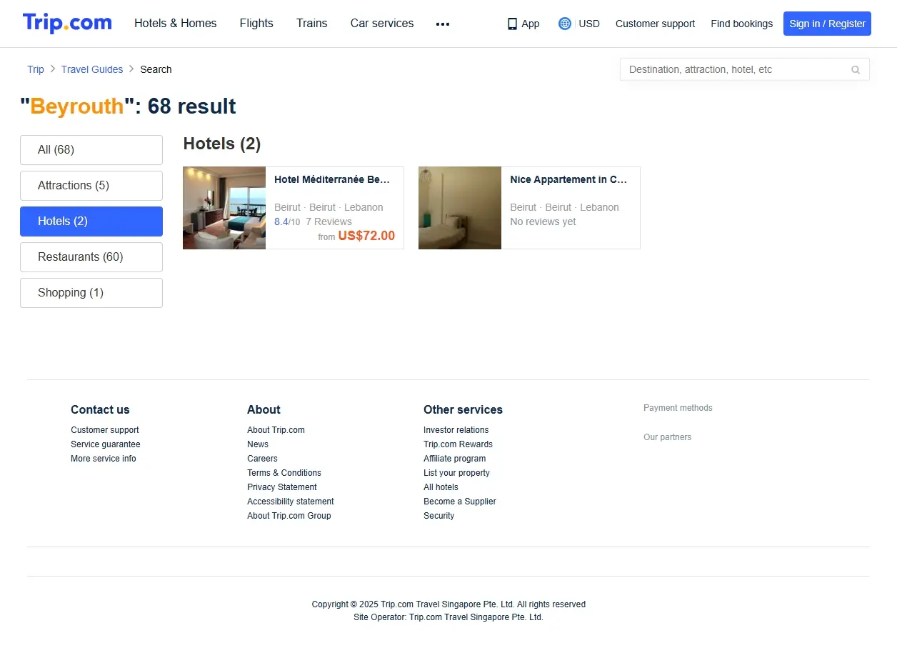 Capture d'écran de Trip.com montrant des offres d'hôtels à Beyrouth