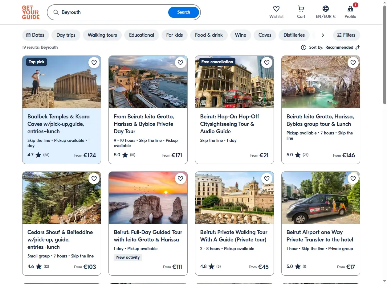 Capture d'écran de GetYourGuide montrant des activités à Beyrouth