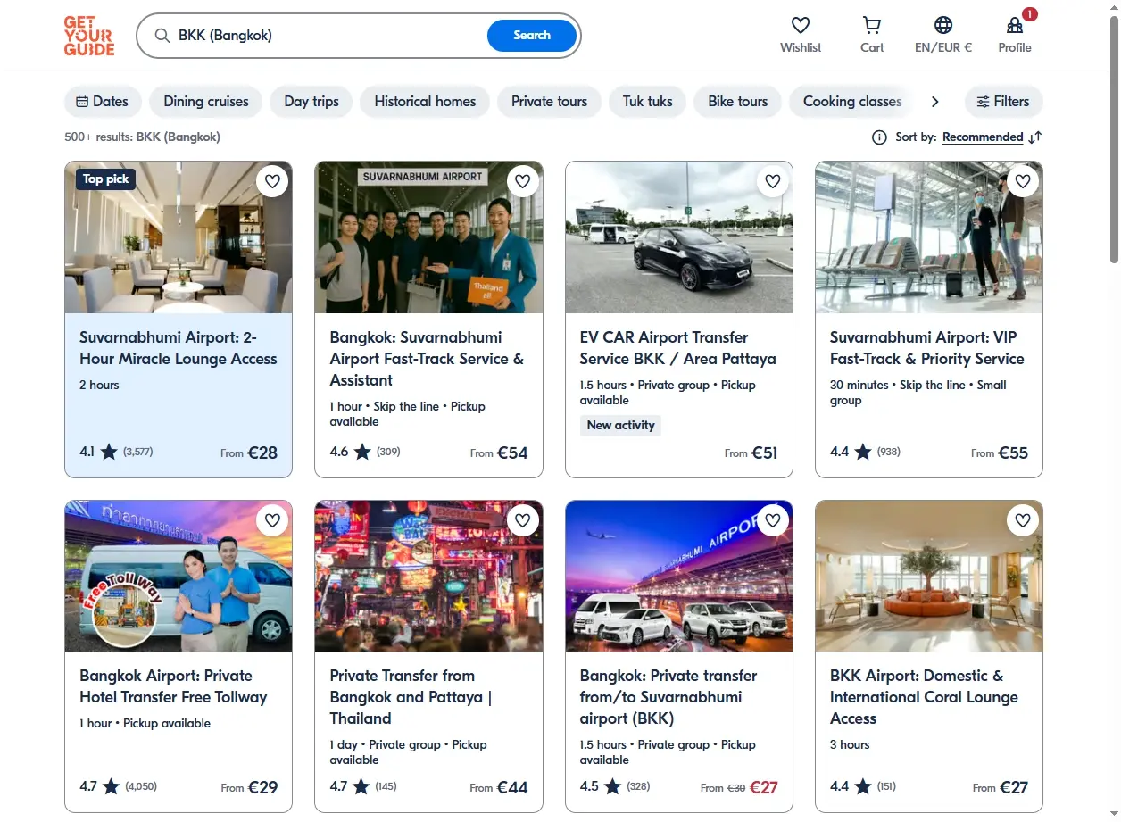 Capture d'écran d'une plateforme d'activités touristiques pour Bangkok.