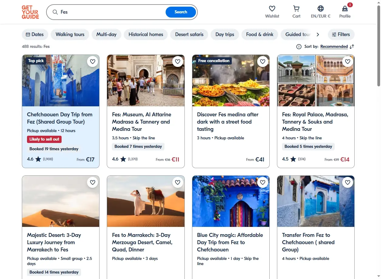 Capture d'écran des activités touristiques à Fès