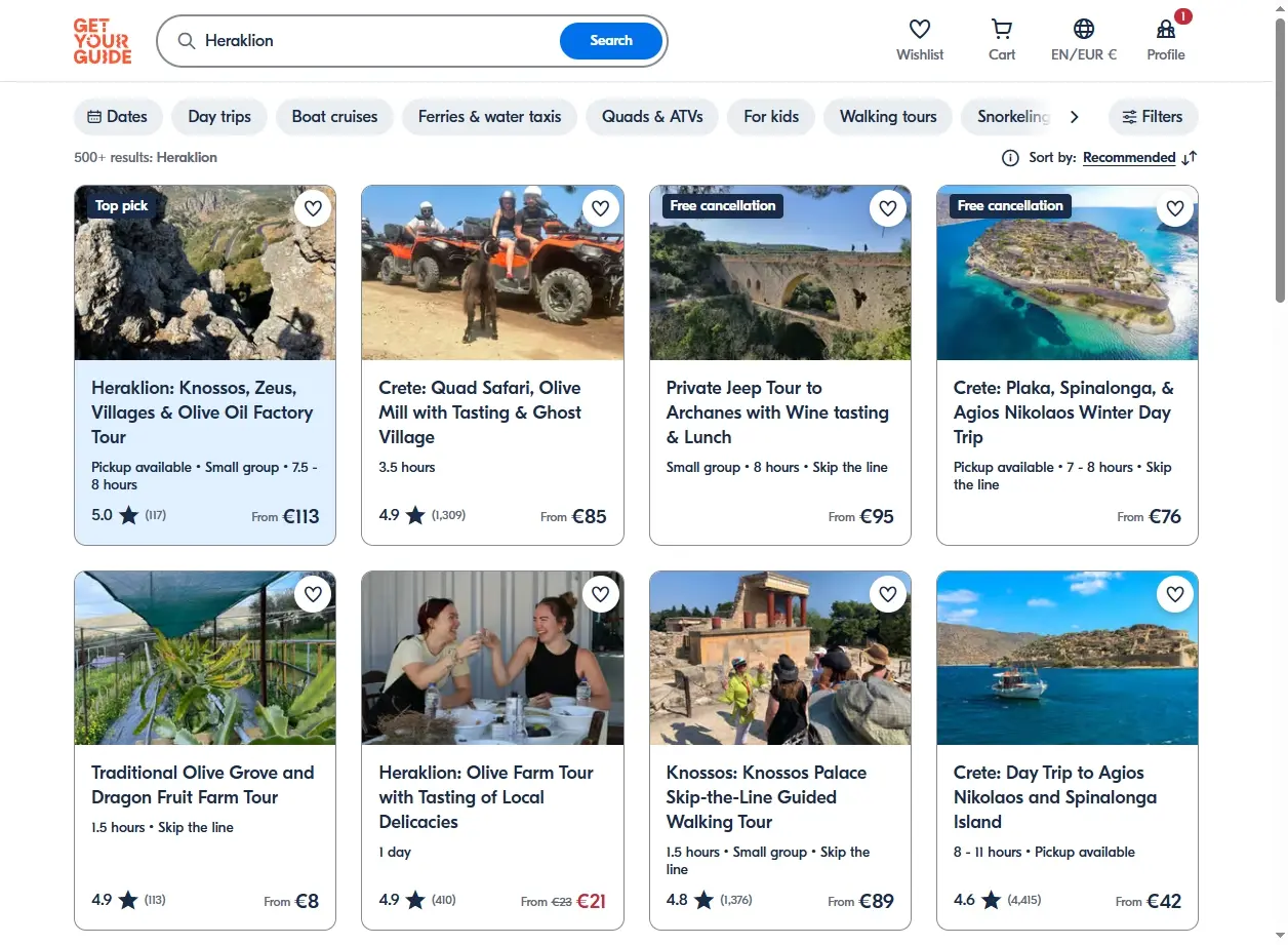 Capture d'écran d'activités touristiques à Héraklion