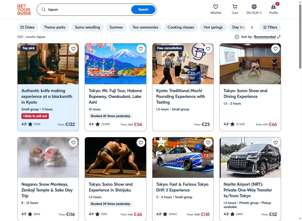 Capture d'écran de site d'activités au Japon
