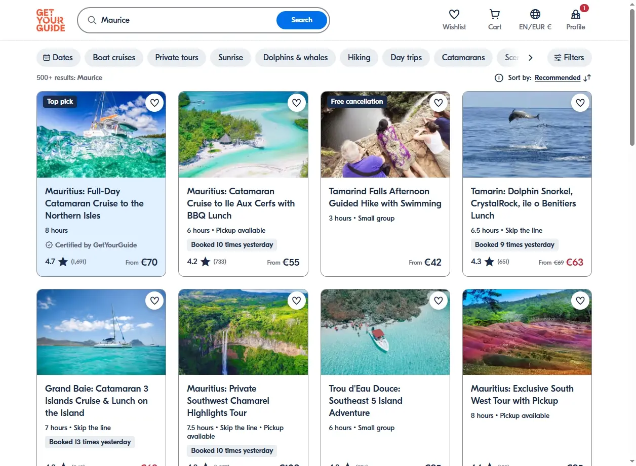 Capture d'écran de la plateforme de réservation d'activités à Maurice