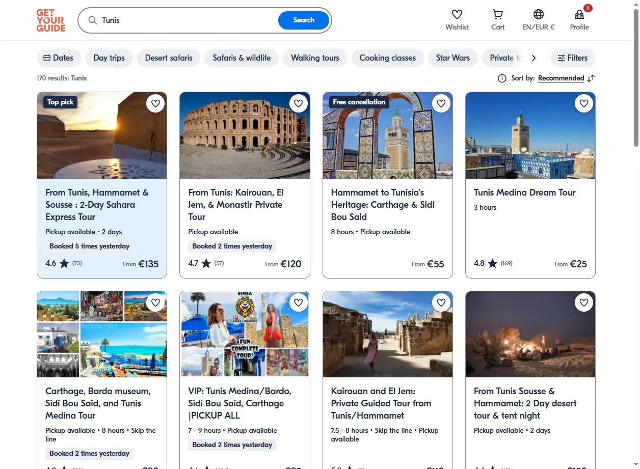 Capture d'écran d'activités touristiques à Tunis