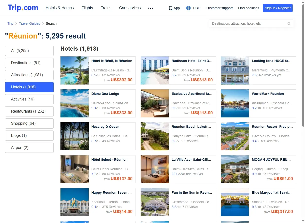 Hôtels disponibles à la Réunion via Trip.com