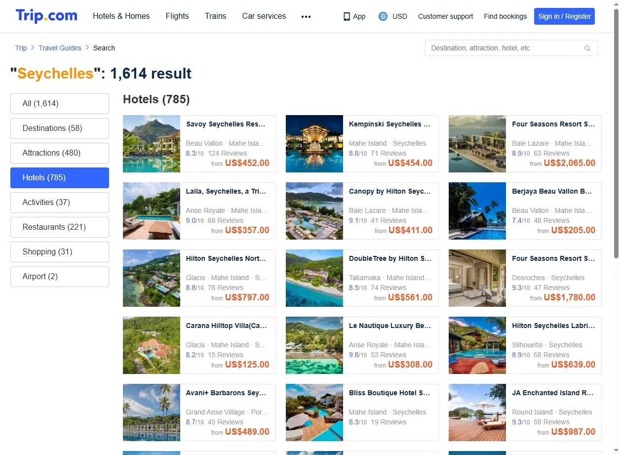 Offres d'hôtels aux Seychelles via Trip.com