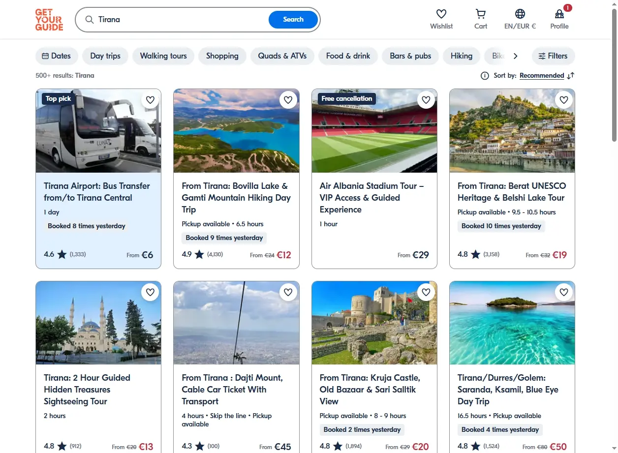 Capture d'écran de l'interface de réservation d'activités pour Tirana