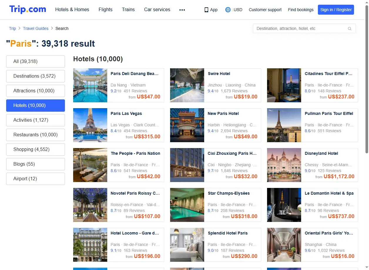 Offres d'hôtels et d'hébergements disponibles à Paris