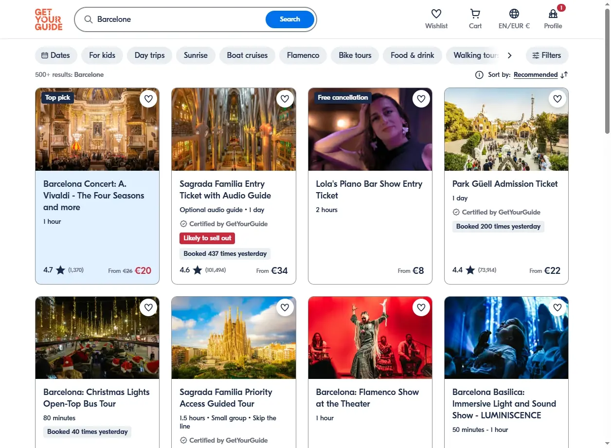 Capture d'écran de GetYourGuide montrant des activités et visites guidées à Barcelone