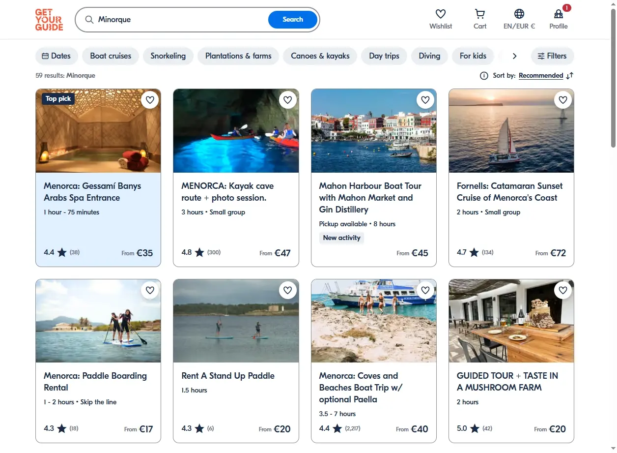 Capture d'écran des activités et excursions à Minorque