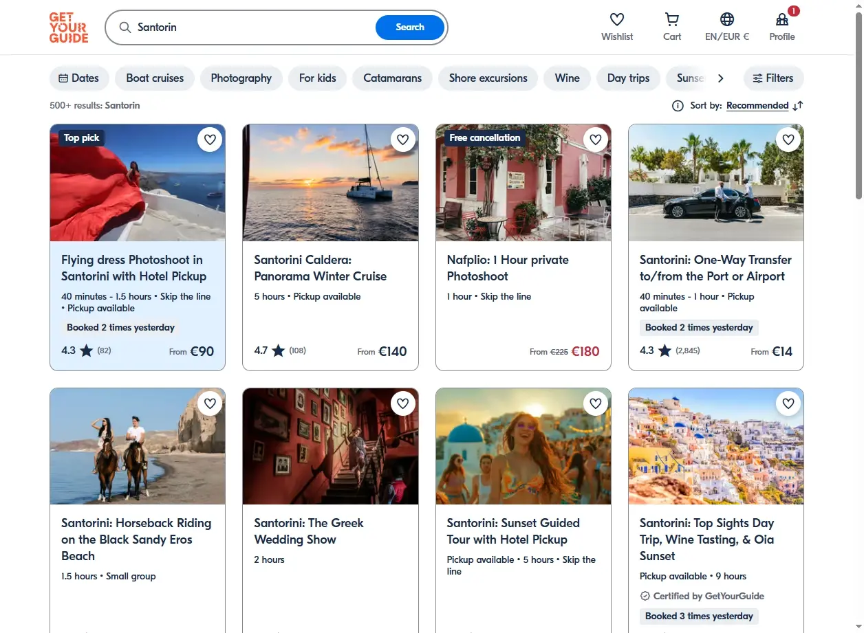 Capture d'écran des activités et excursions à Santorin