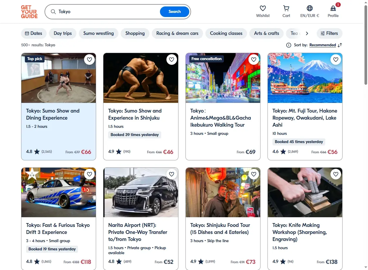 Capture d'écran de site d'activités à Tokyo