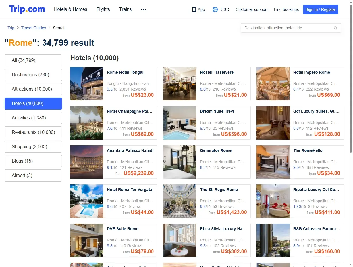 Sélection d'hôtels et de logements à Rome