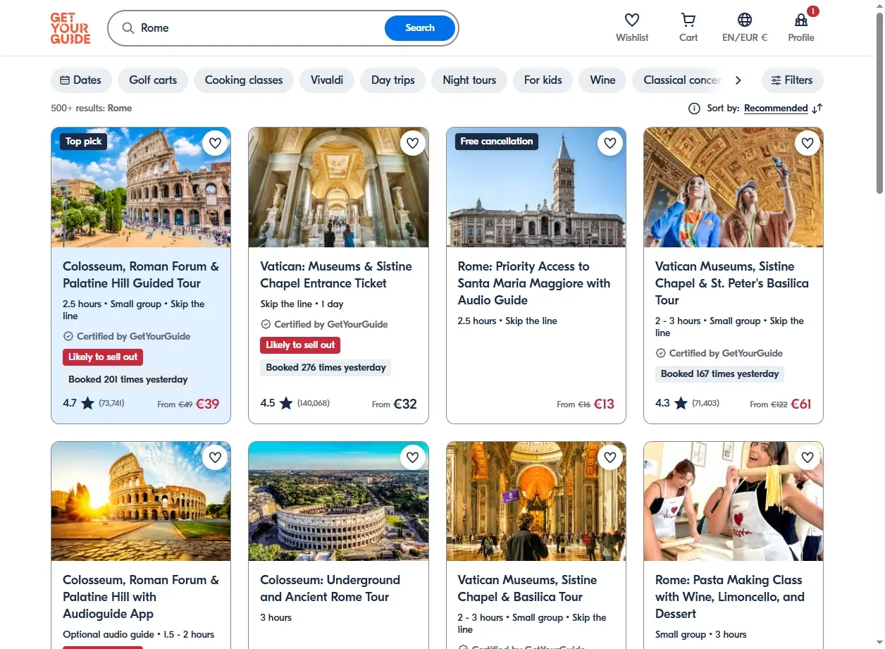 Capture d'écran de l'offre d'activités touristiques à Rome