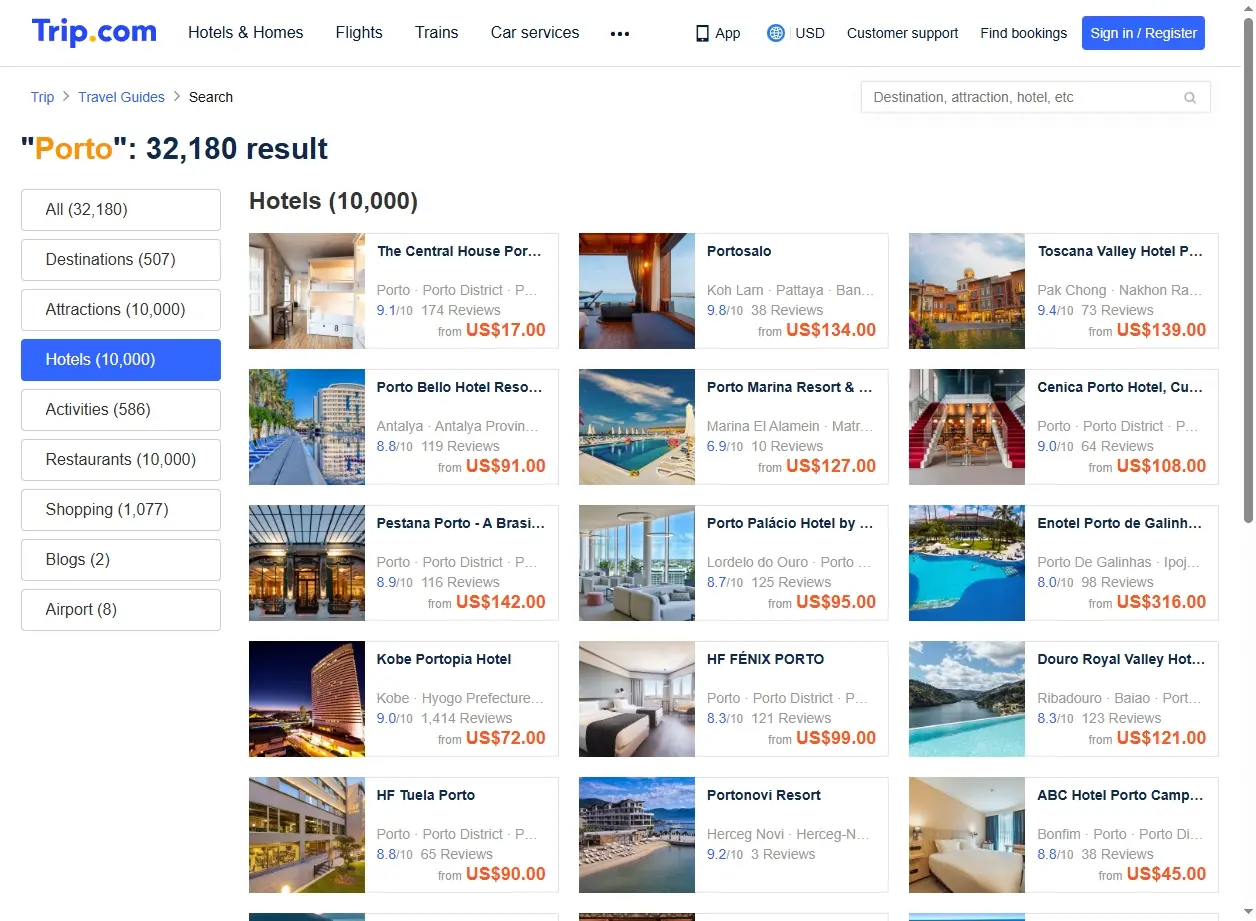 Interface de recherche d'hôtels pour Porto