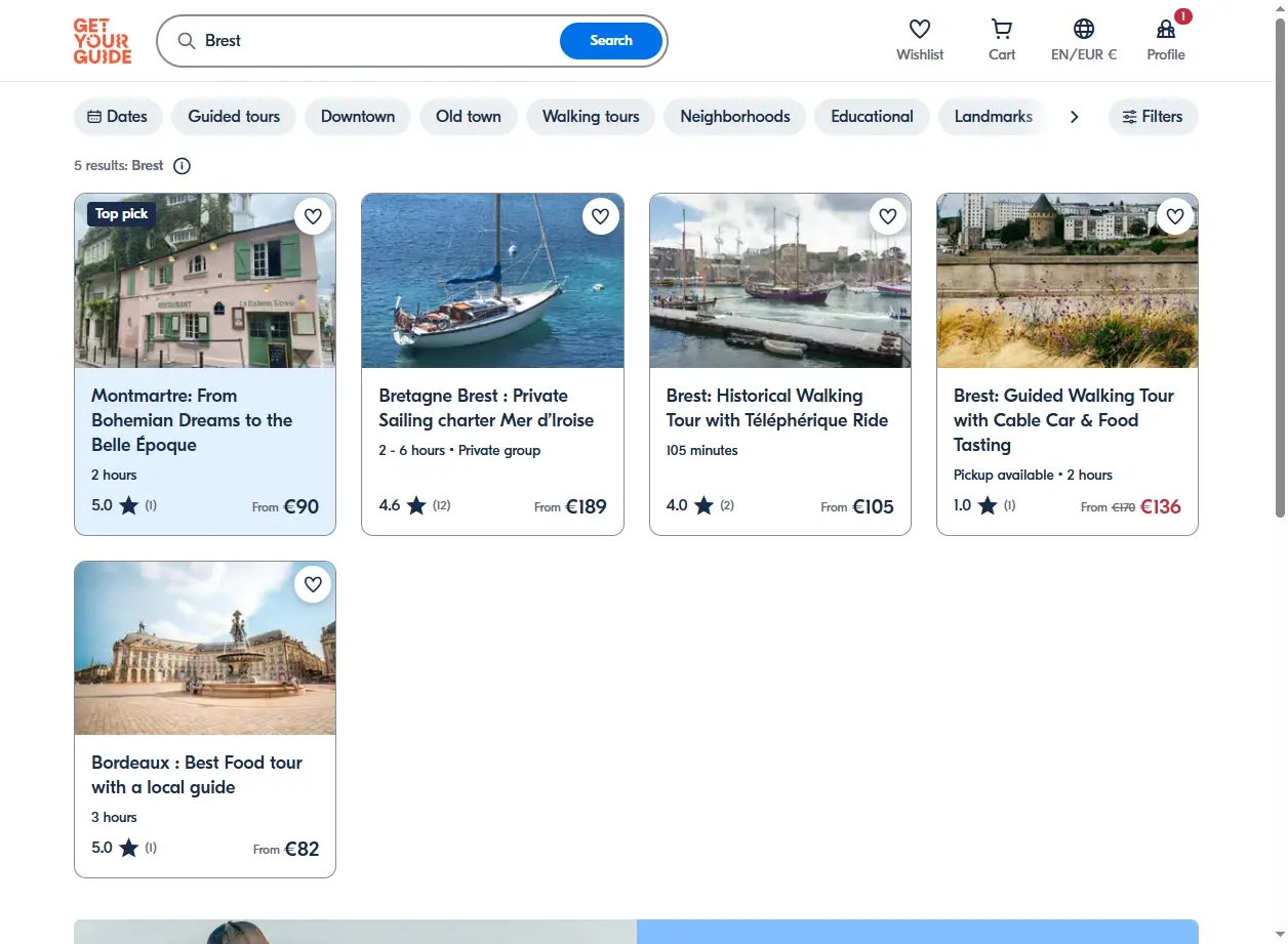 Capture d'écran de la page d'activités à Brest montrant des excursions et visites guidées.