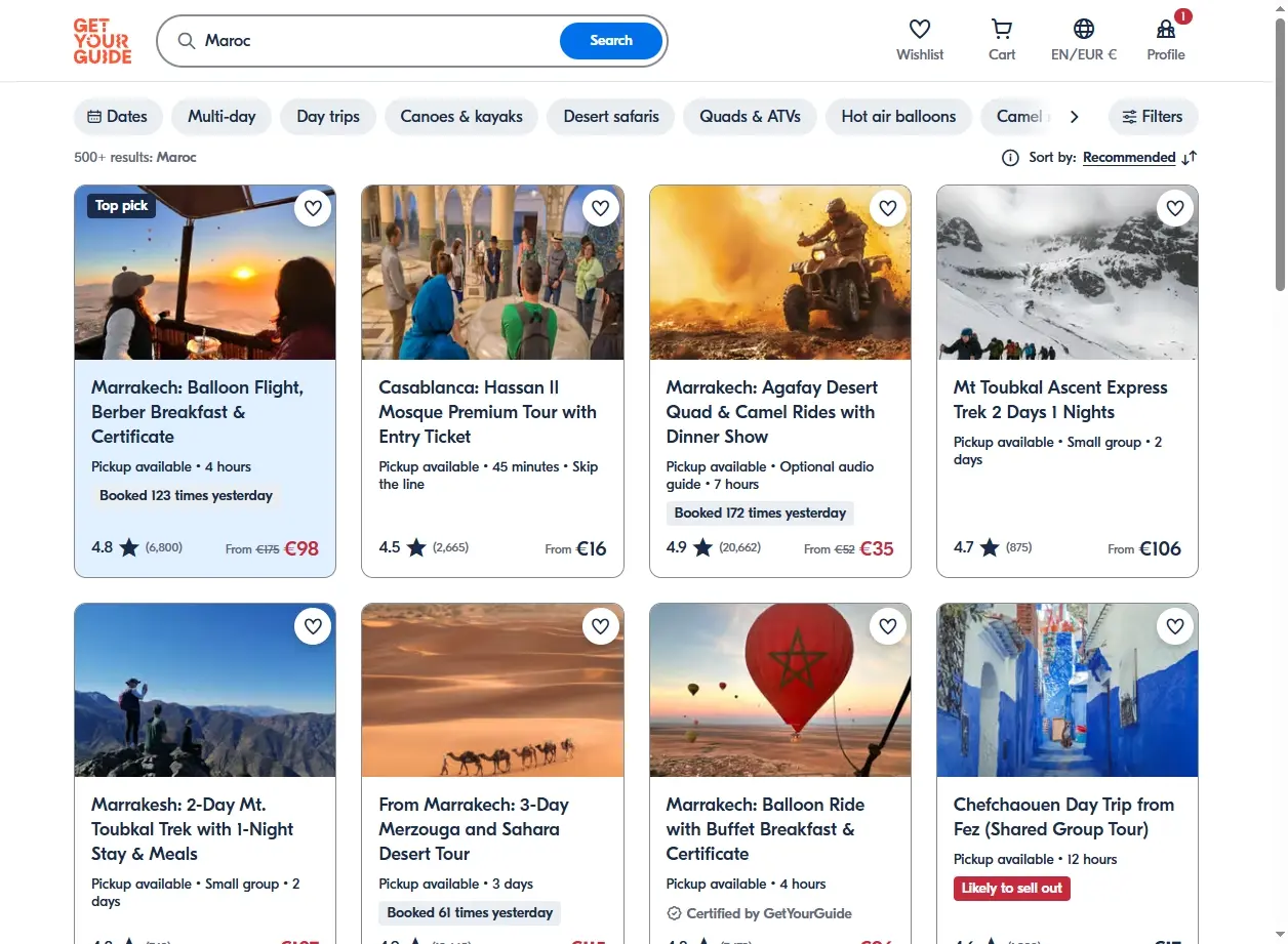 Capture d'écran de l'offre d'activités pour le Maroc sur GetYourGuide