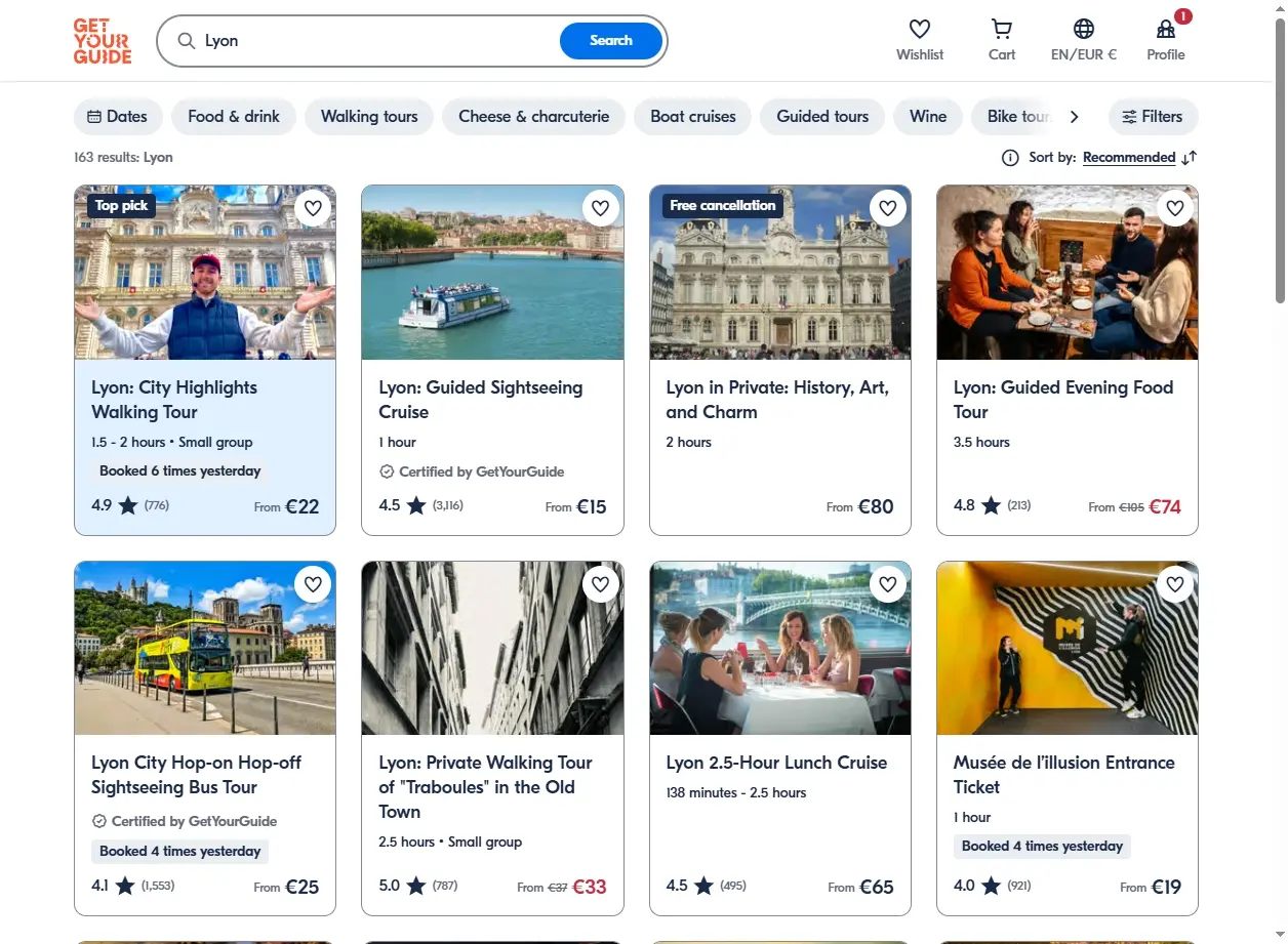 Capture d'écran des activités touristiques à Lyon