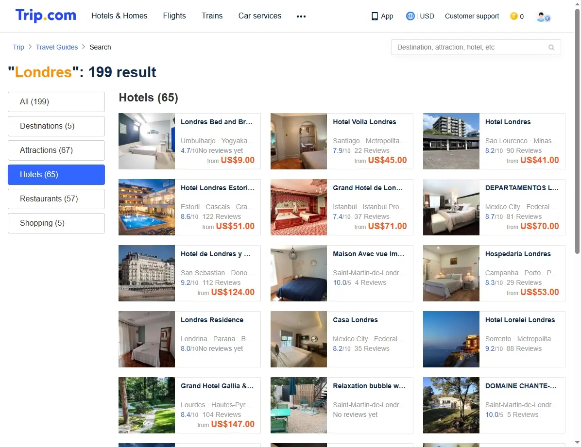 Capture d'écran de l'interface de recherche d'hôtels pour Londres.
