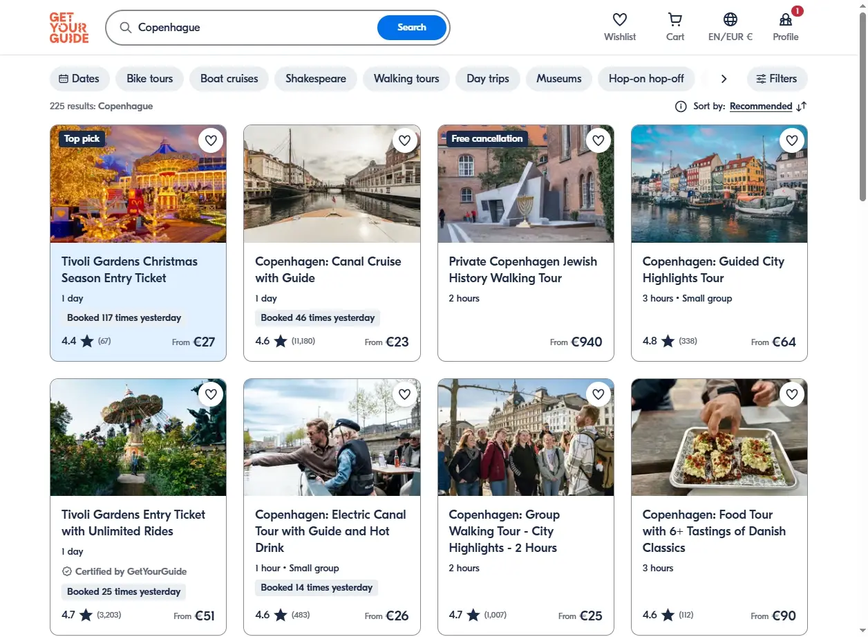 Capture d'écran de la plateforme GetYourGuide montrant des activités à Copenhague comme des tours en bateau.