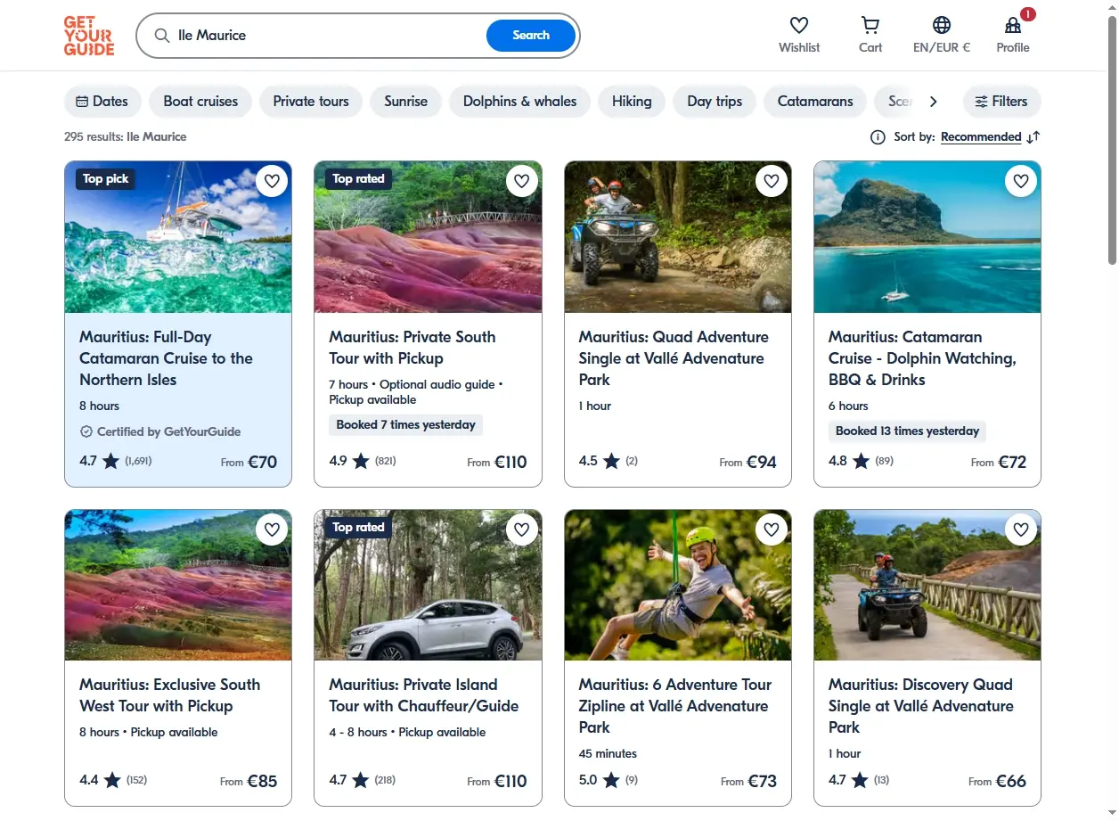 Capture d'écran de site de réservation d'activités pour l'Île Maurice