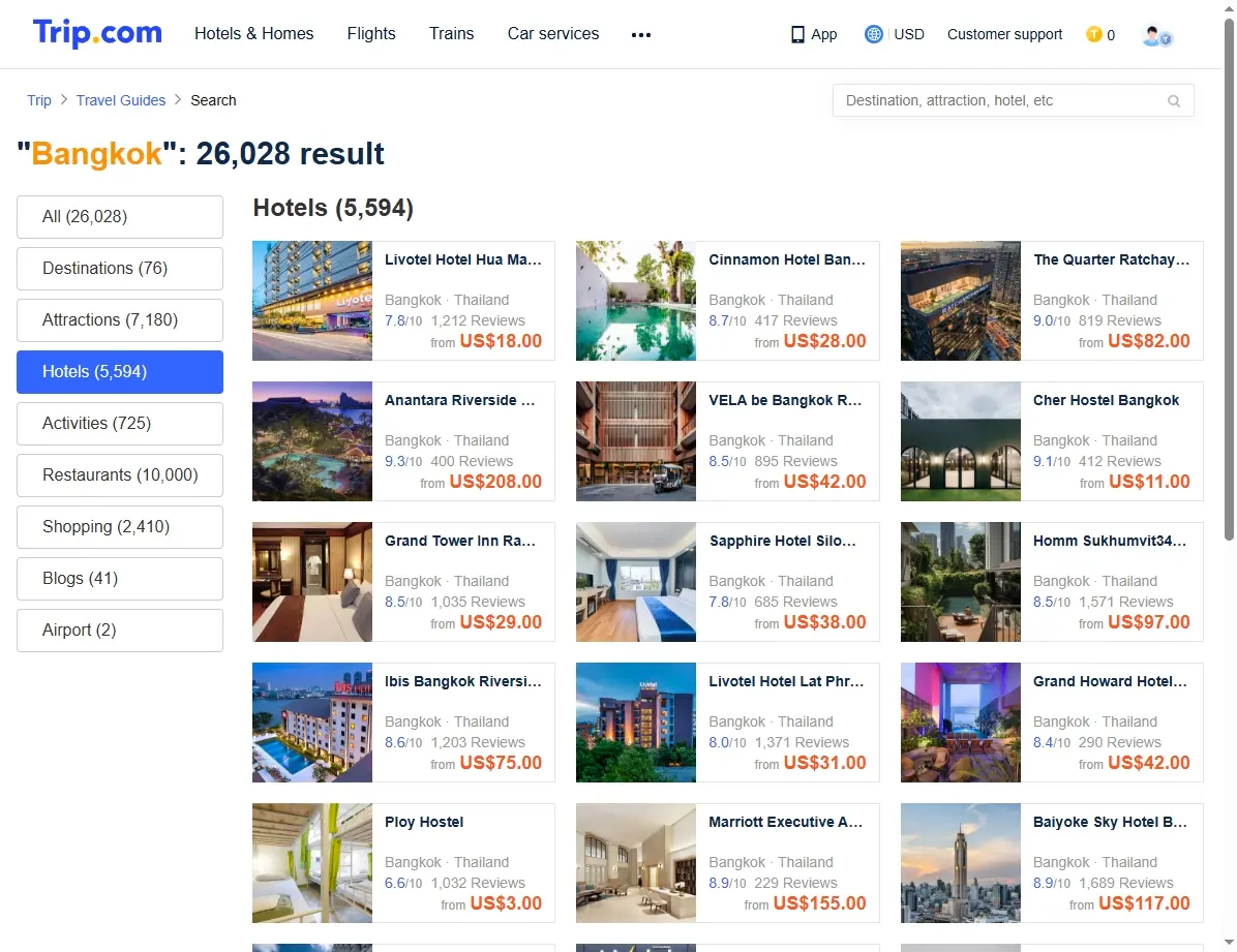 Sélection d'hôtels et de logements disponibles à Bangkok