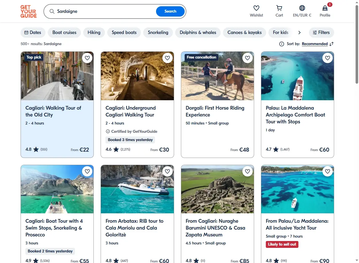 Capture d'écran de site d'activités en Sardaigne