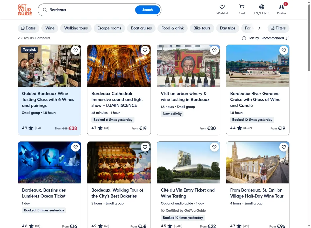 Capture d'écran de GetYourGuide montrant des activités et excursions à Bordeaux.