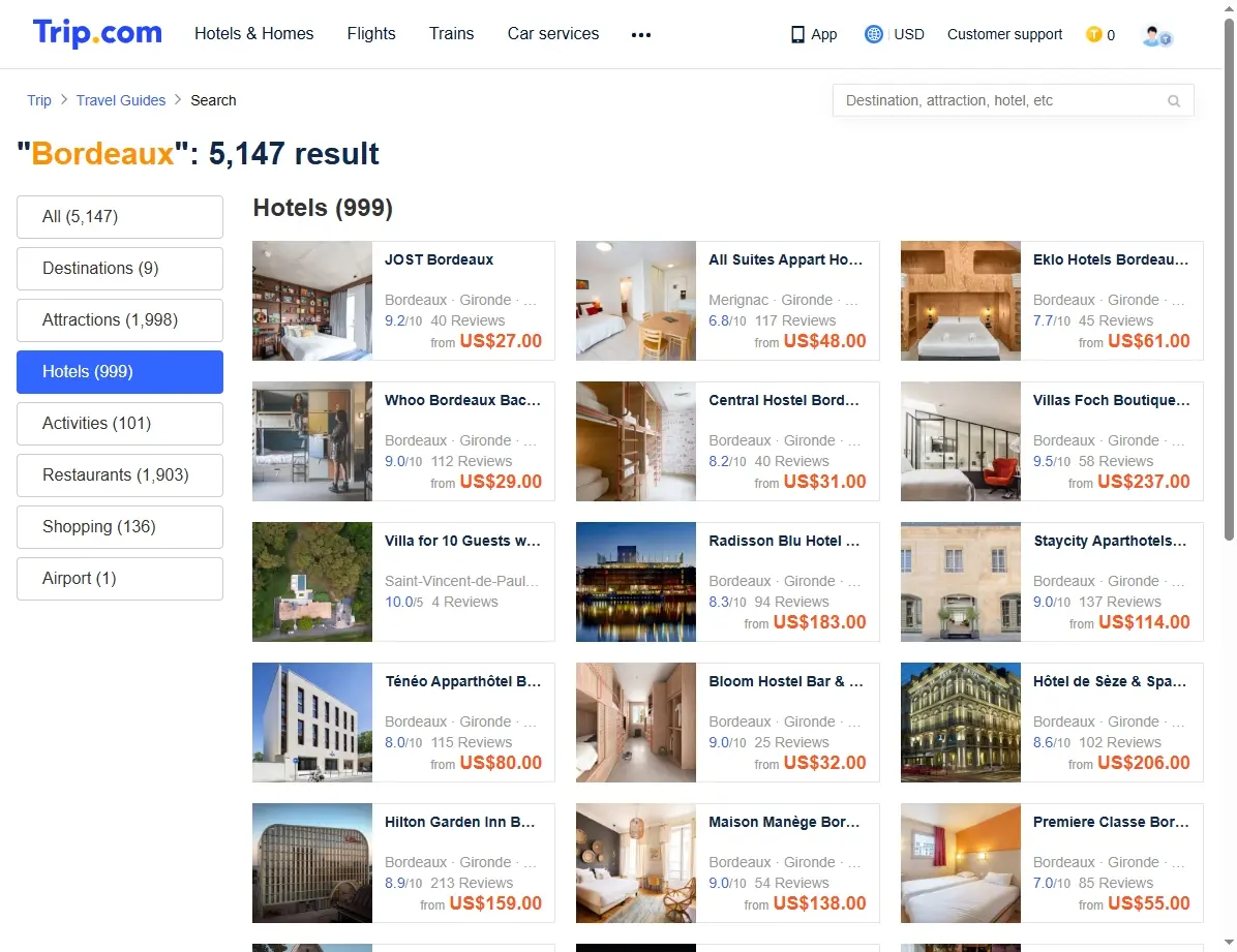 Capture d'écran de Trip.com montrant des offres d'hôtels à Bordeaux.