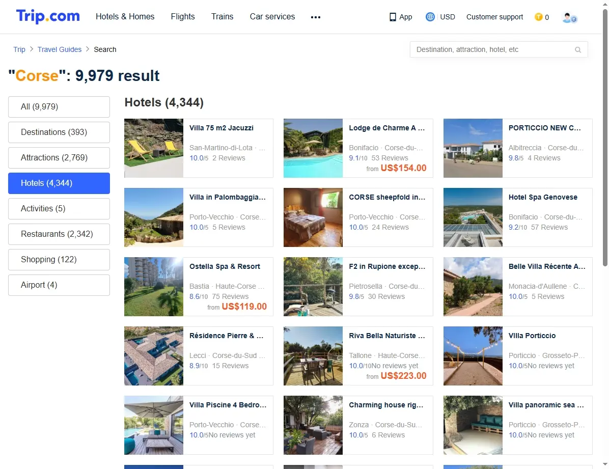 Interface de recherche d'hôtels pour la Corse