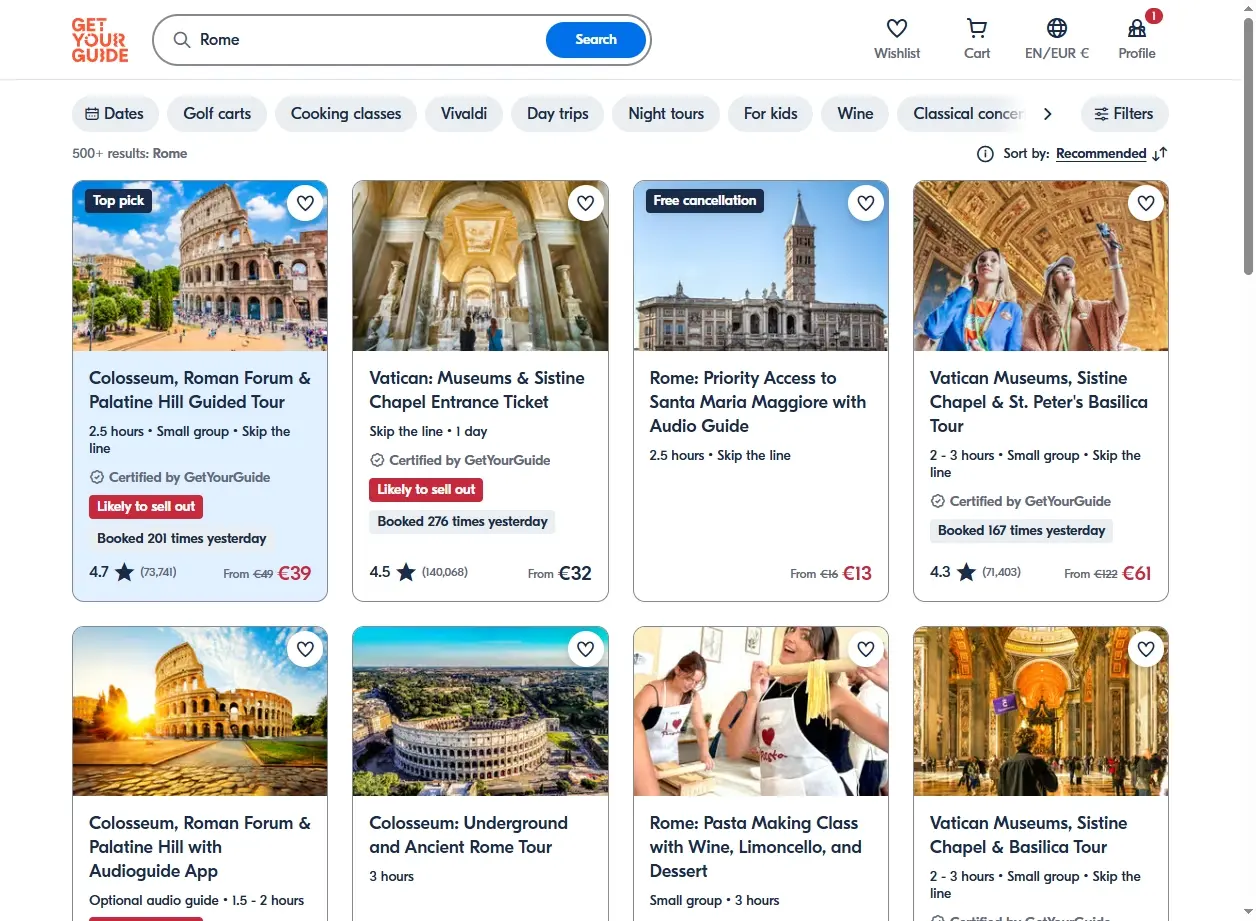 Capture d'écran de site d'activités pour Rome