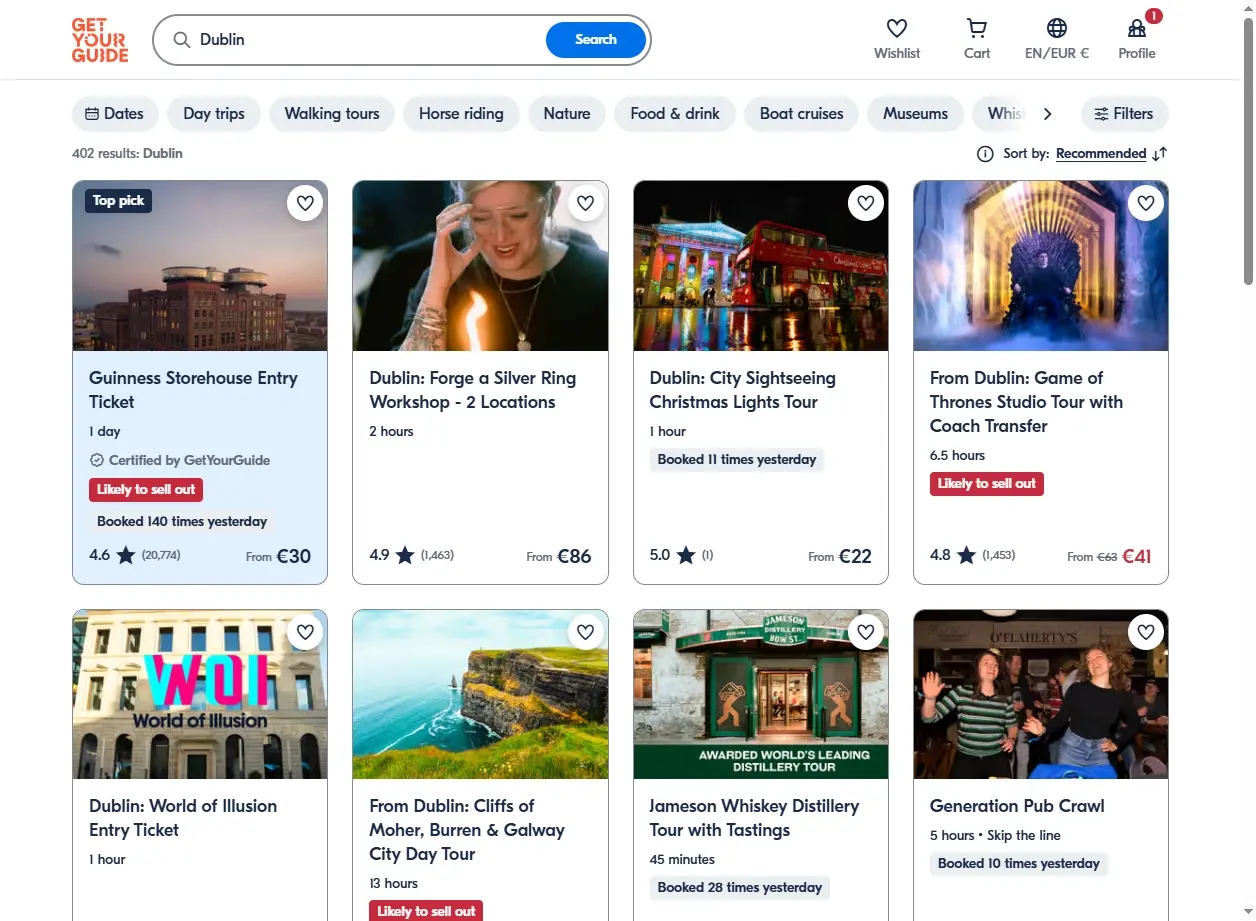 Capture d'écran des activités et visites guidées à Dublin