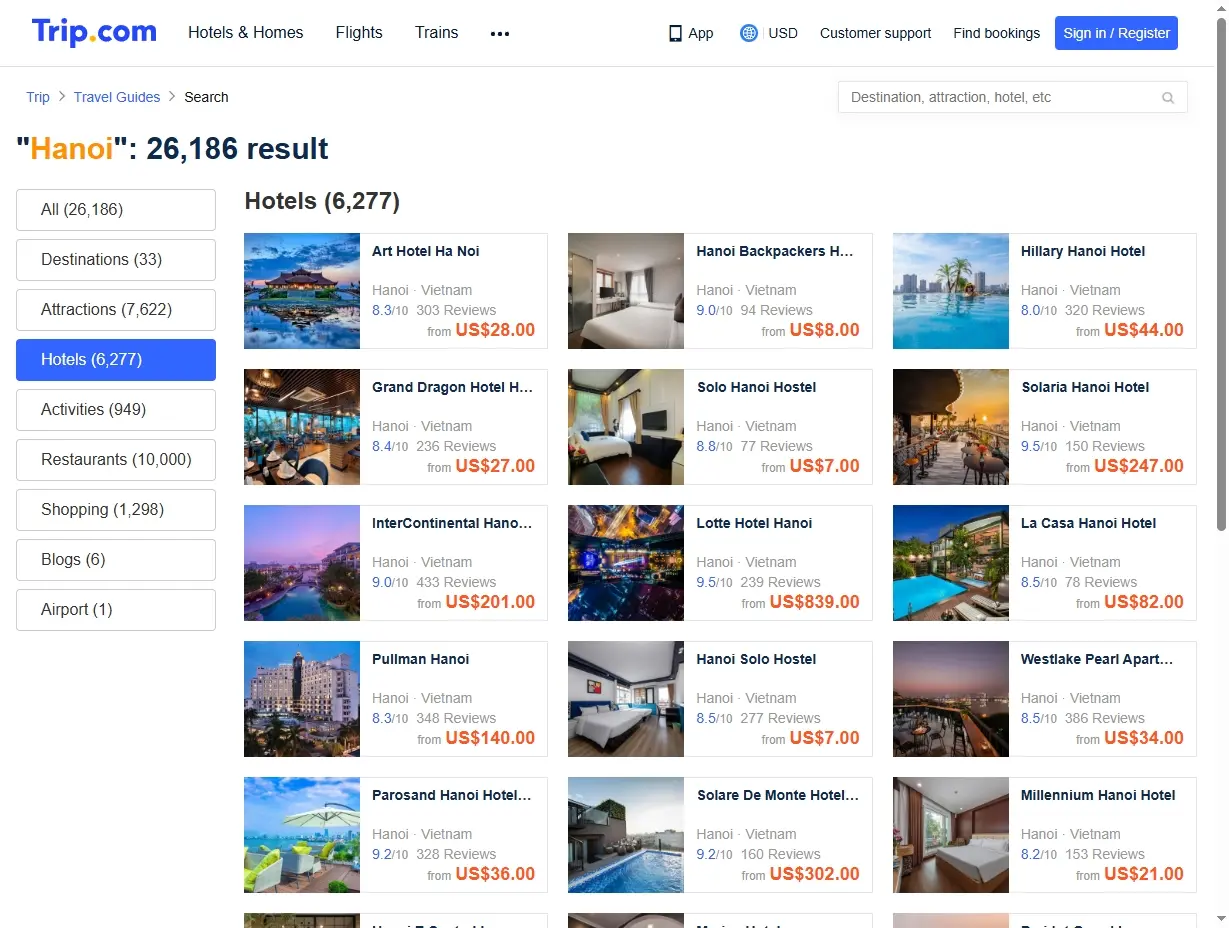 Capture d'écran de l'offre d'hôtels à Hanoi