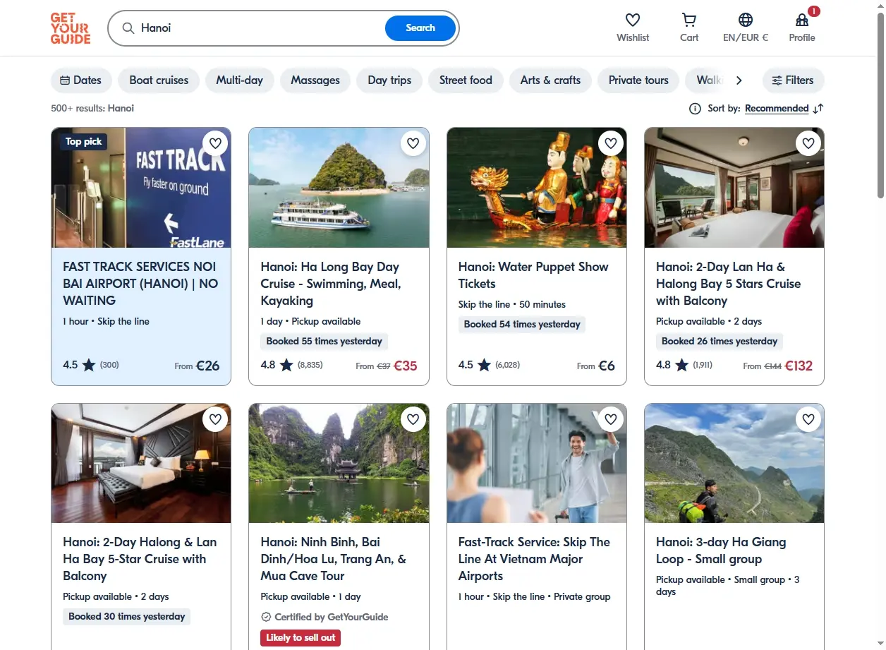 Capture d'écran des offres d'activités à Hanoi