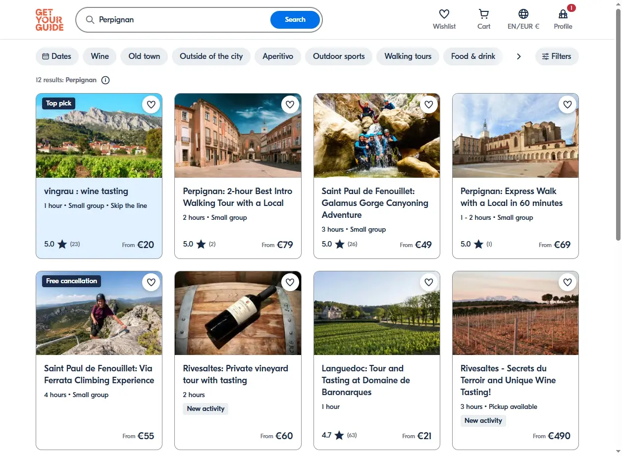 Capture d'écran de la page d'activités à Perpignan.