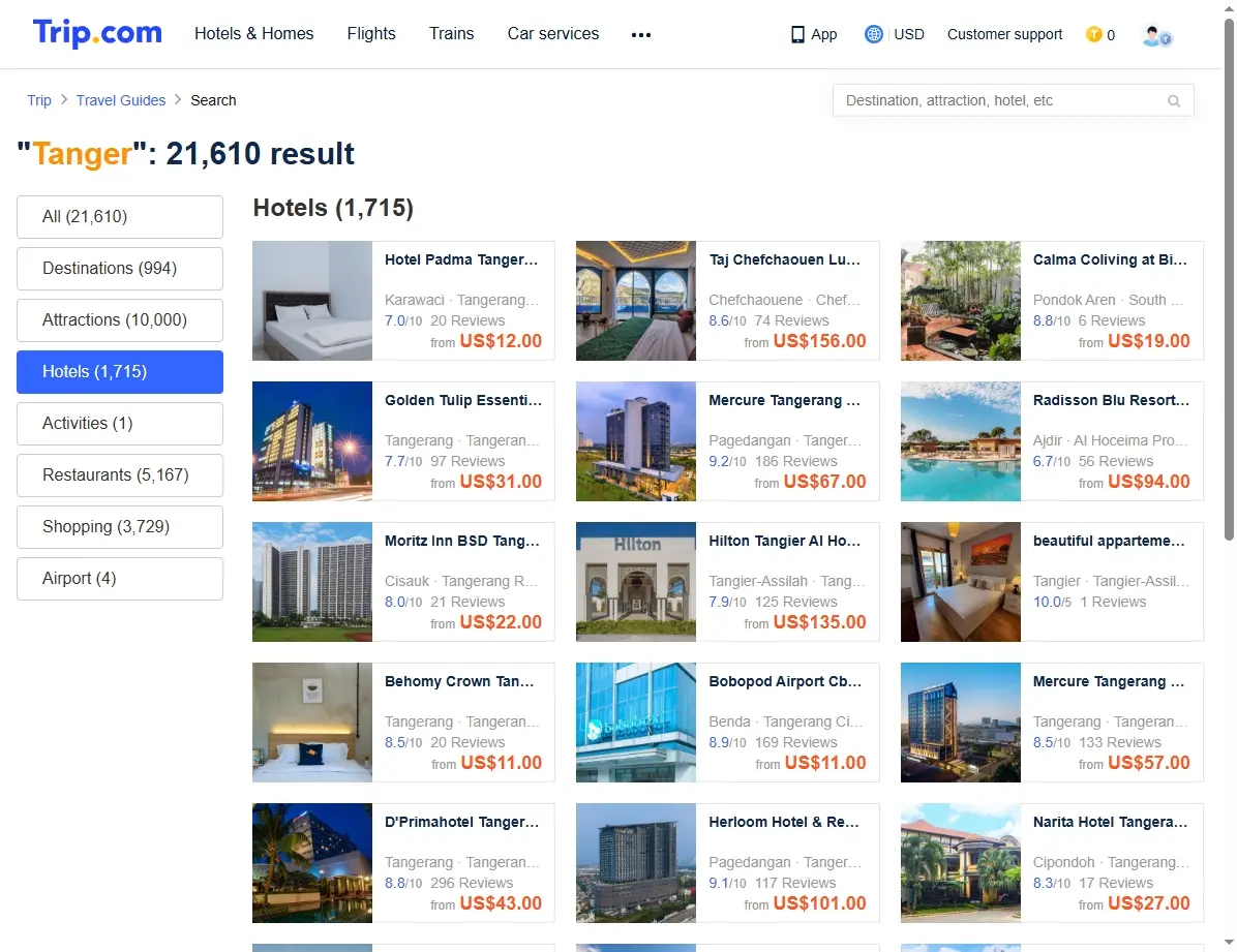 Sélection d'hôtels et riads à Tanger sur une plateforme de réservation.