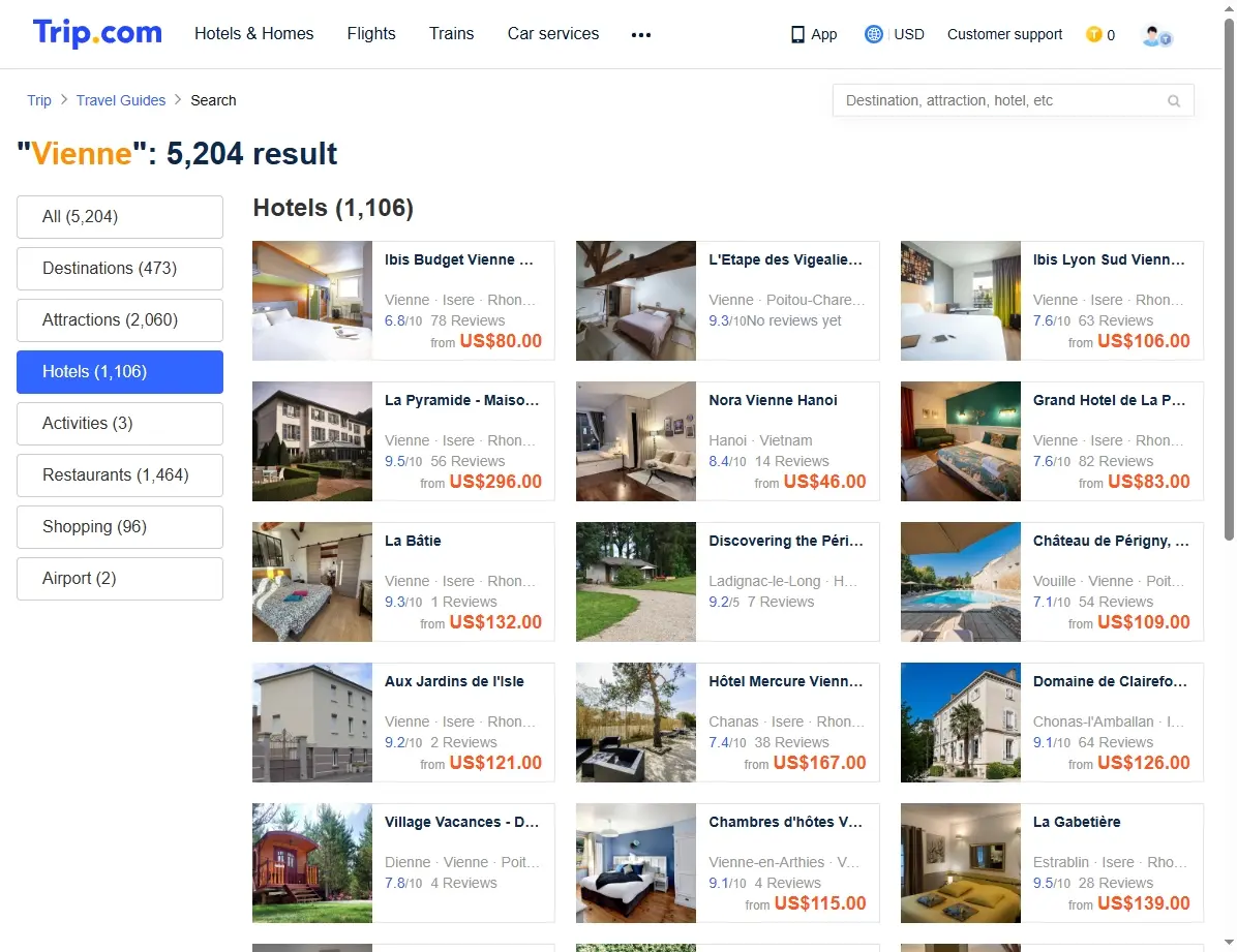 Capture d'écran de la recherche d'hôtels à Vienne sur Trip.com