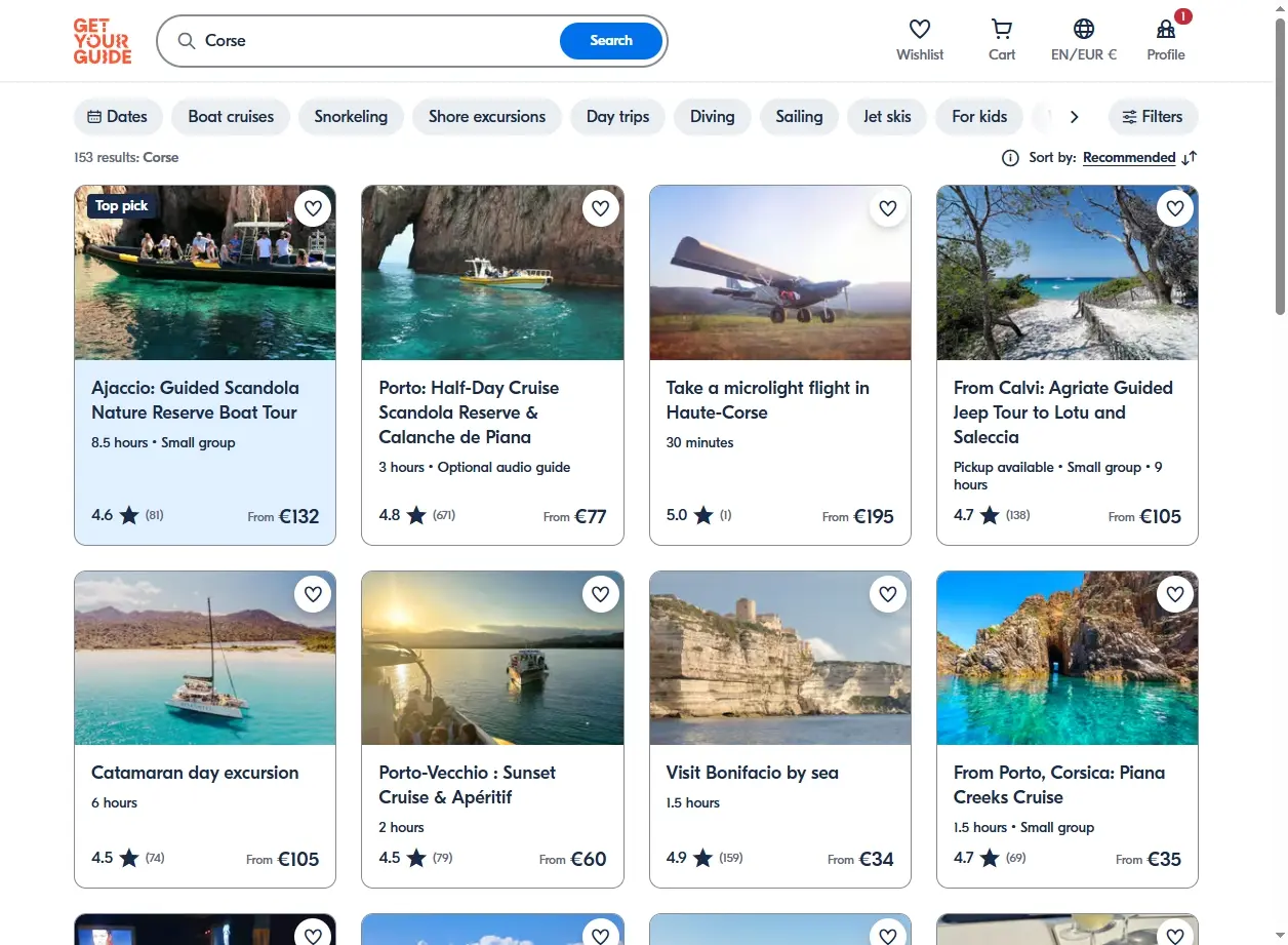 Aperçu des activités et excursions disponibles en Corse via GetYourGuide
