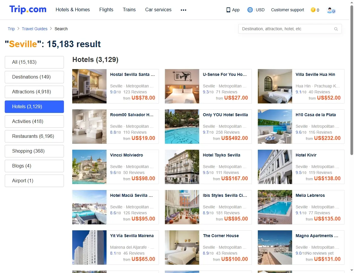 Sélection d'hôtels et de logements à Séville
