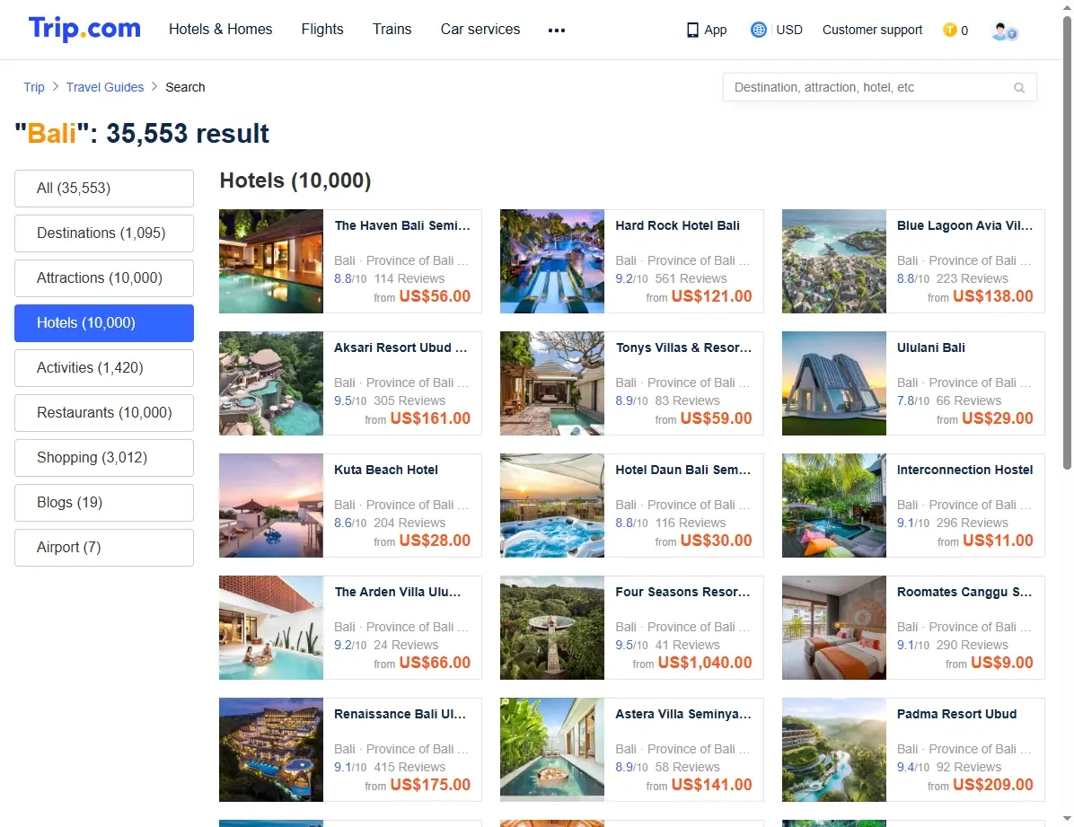 Capture d'écran de l'offre d'hôtels à Bali
